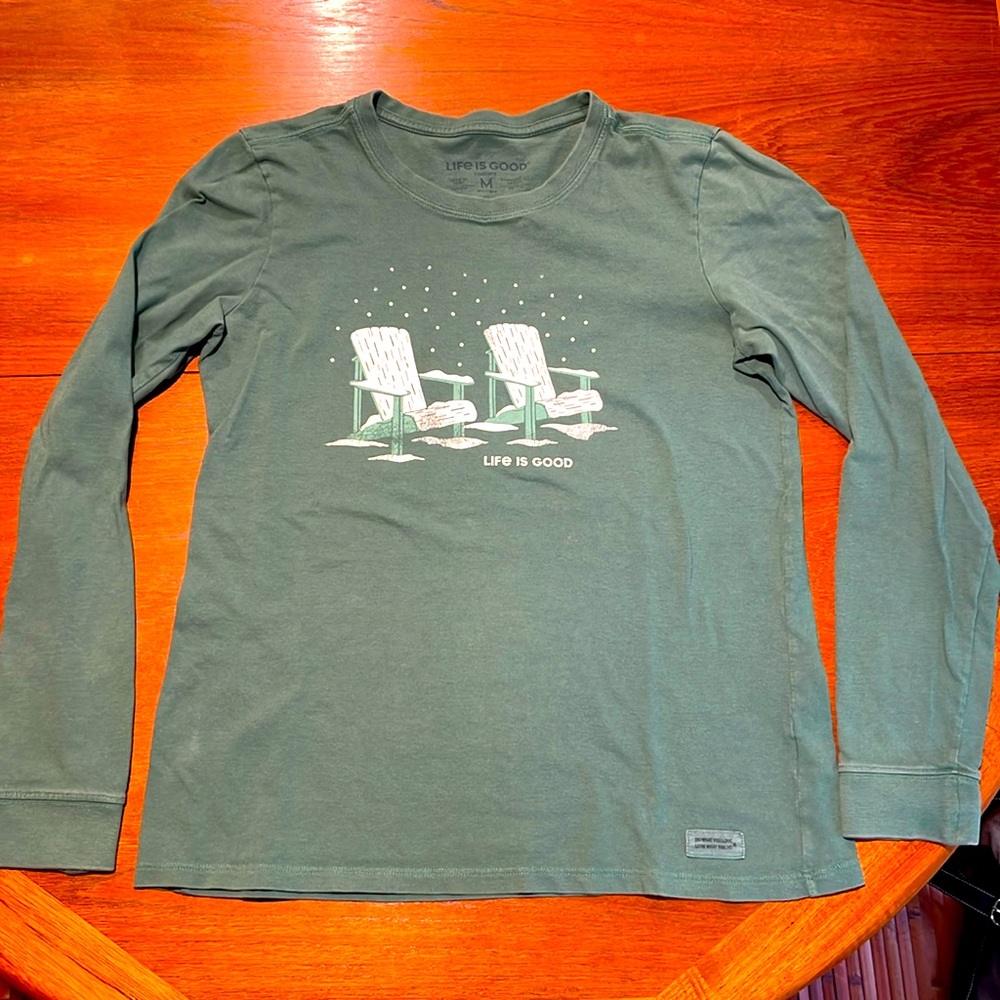Life is Good green Crusher long sleeve shirt Adirondack chairs Medium